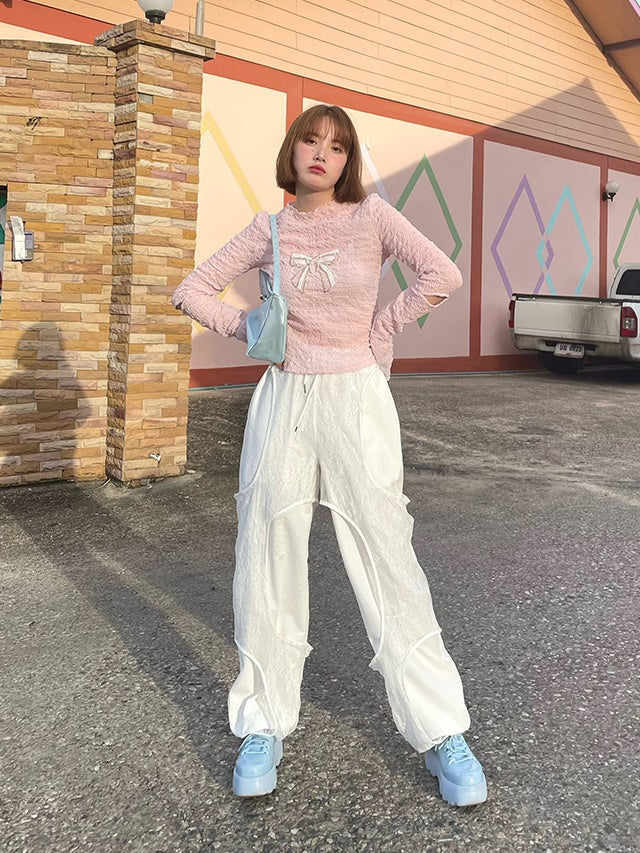 Long-sleeved Wrinkled Hollow Bowknot Bottoming Shirt