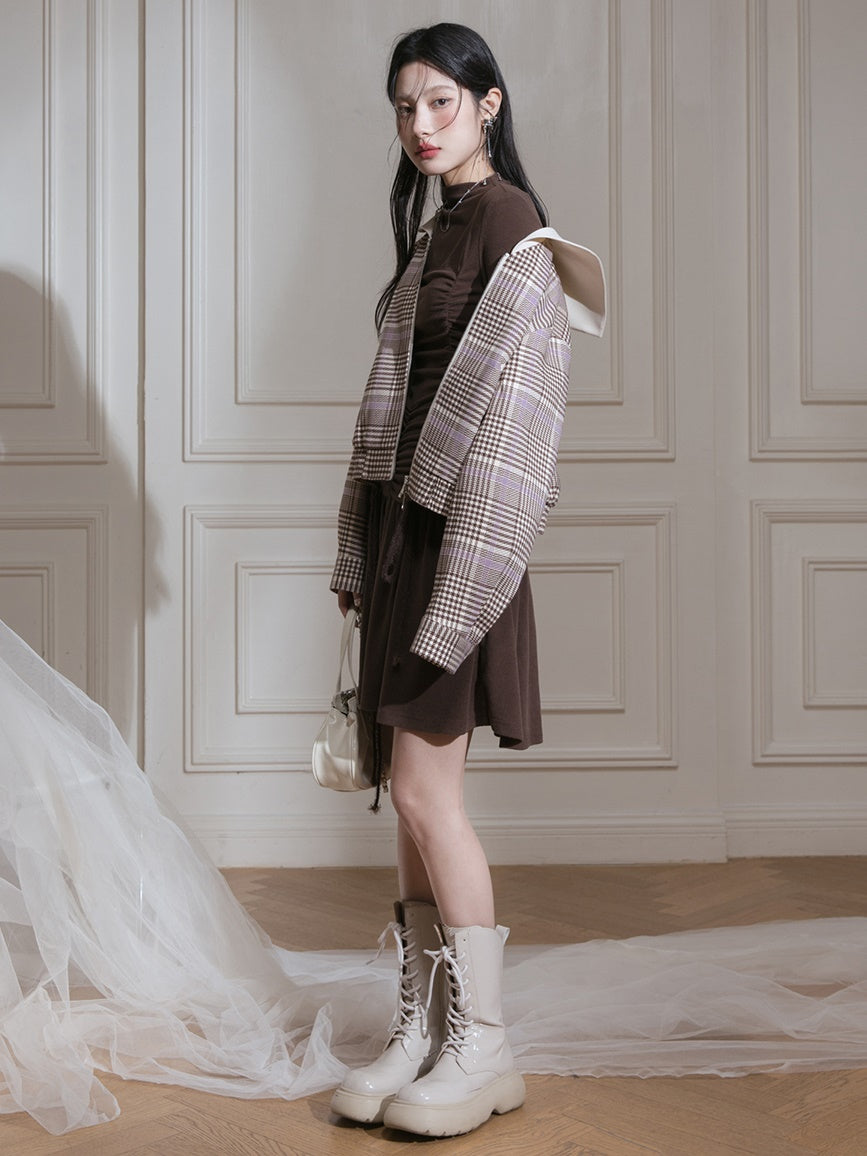 Navy Collar Plaid Short Jacket & A-Line Pleated Skirt