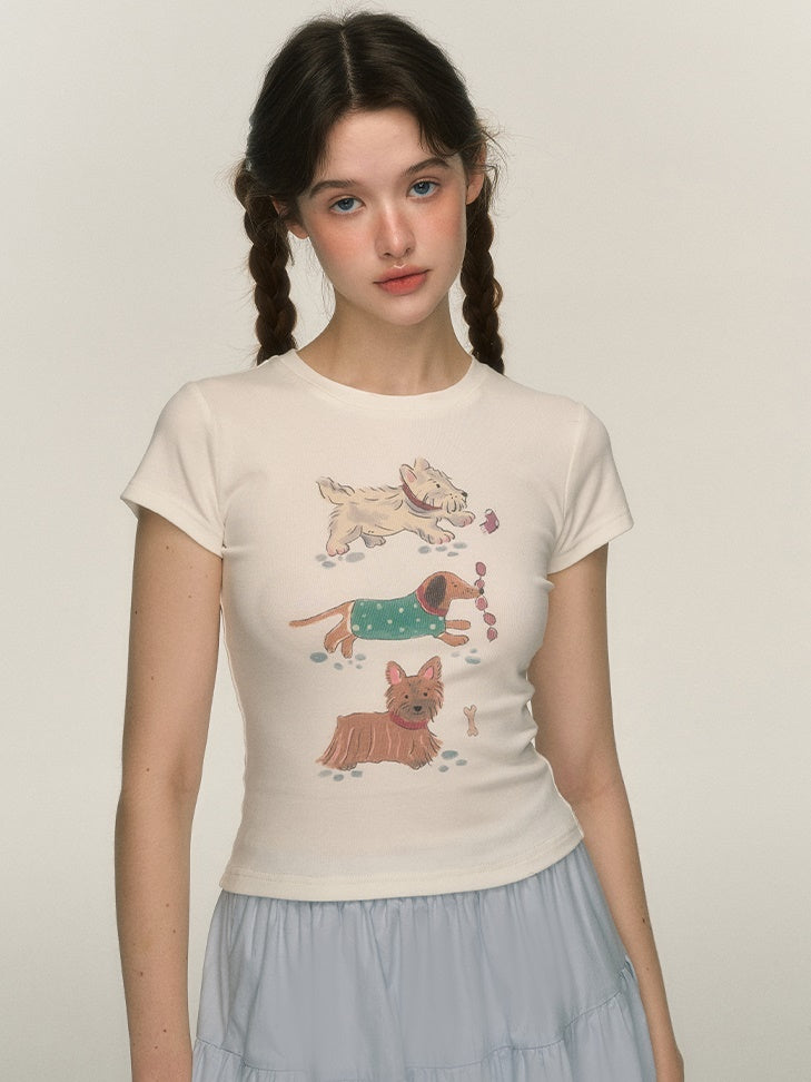 Cute Puppy Printed Short-sleeved T-shirt