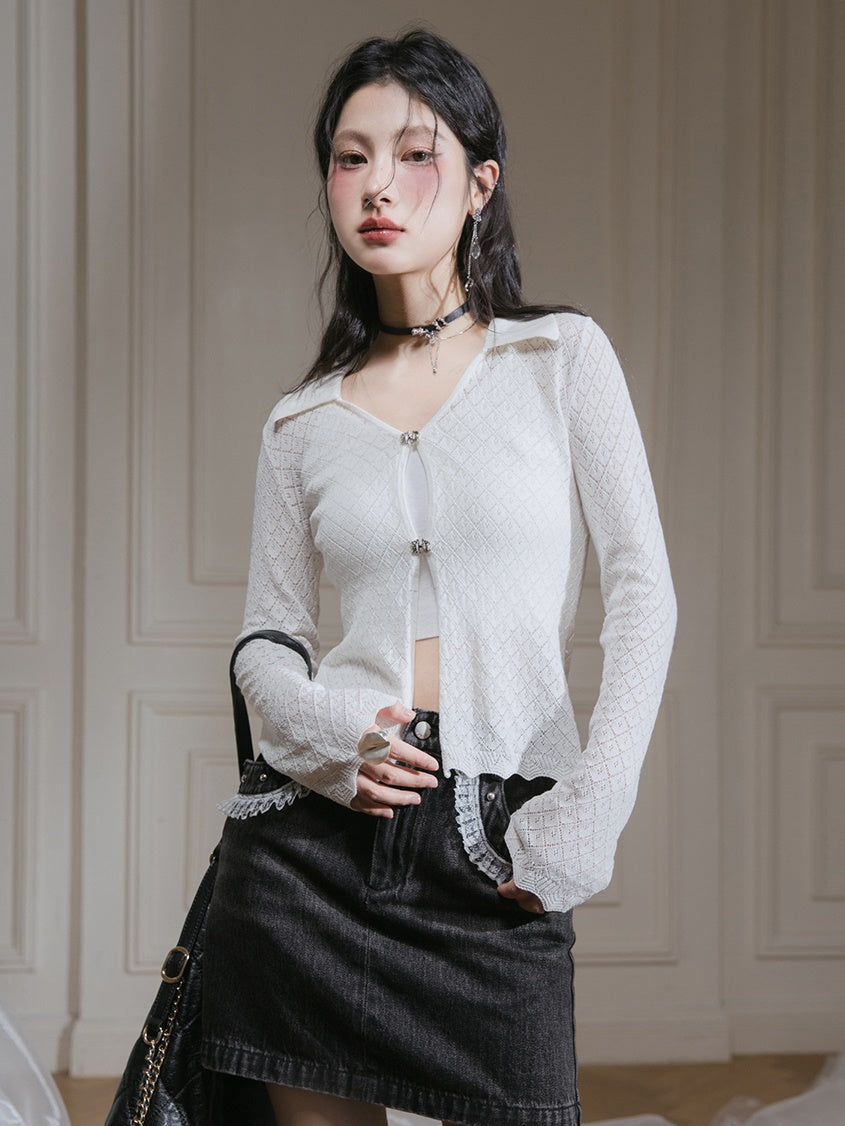 Hollow Short Knitted Cardigan & Camisole Set-up