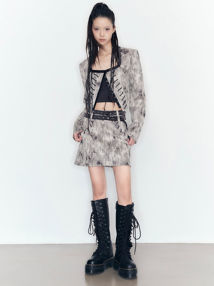 Mottled No Collar Jacket & A-Line Mini Skirt