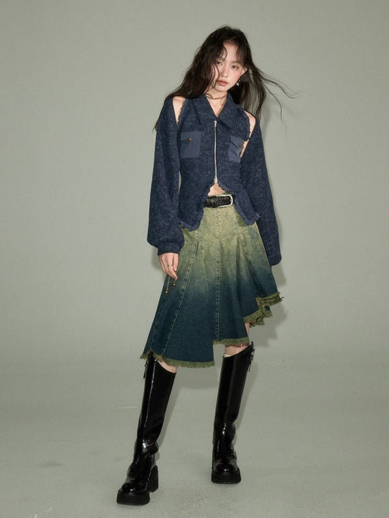 Polo Collar Knitted Sleeveless Top & Shawl Cardigan Set-up