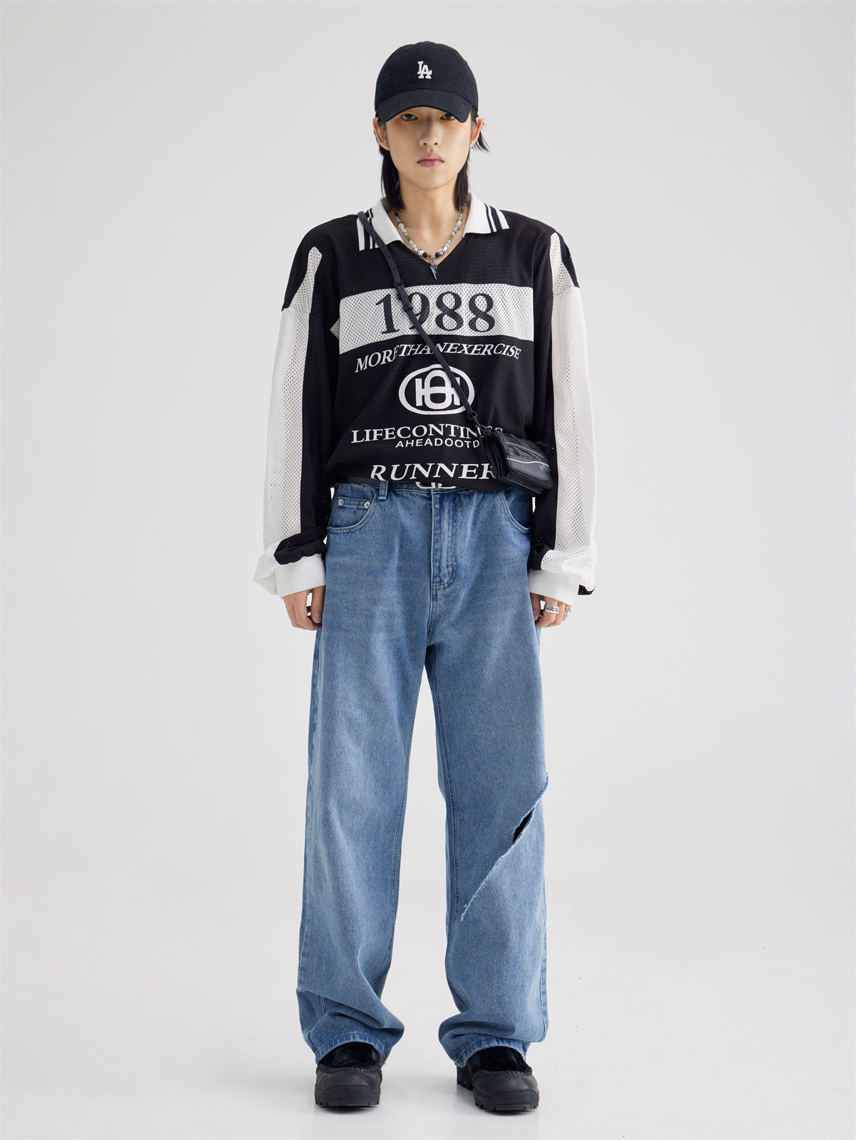 Polo Collar Mesh Print Long-sleeved T-shirt