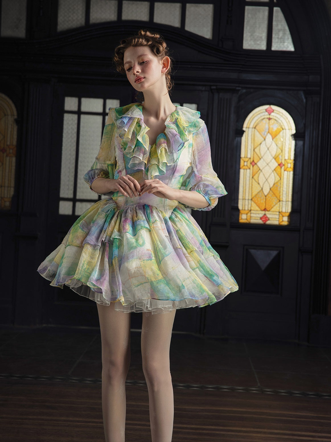 V-neck Frill Short Dress & Pannier