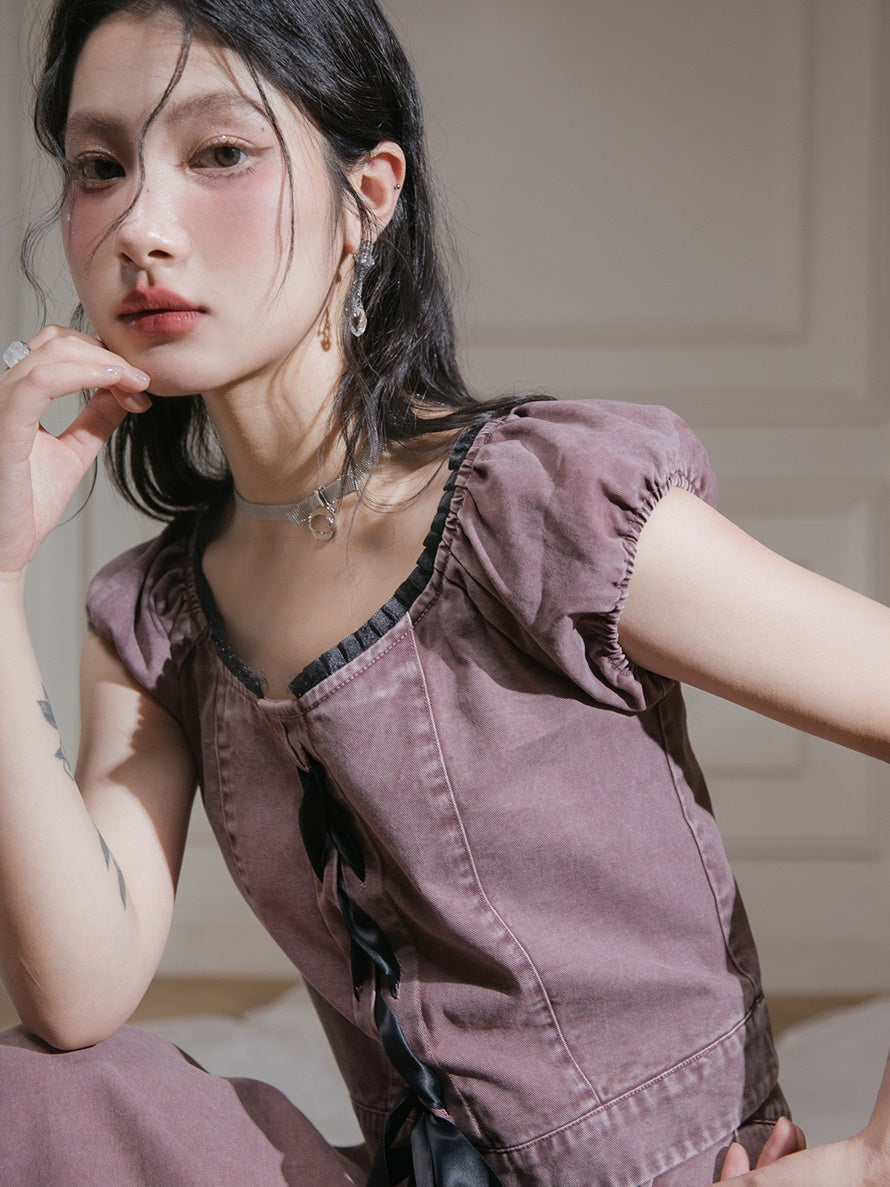 Washed Denim Lace-Up Top & A-Line Skirt Set-up