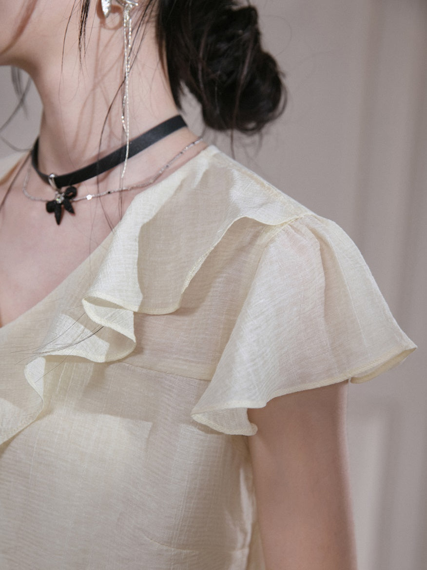 Romantic Curve Ruffle Chiffon Shirt & Tube Top Set-up