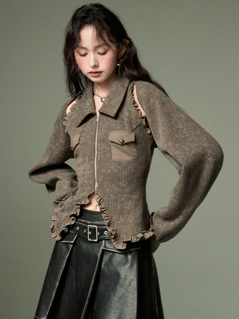 Polo Collar Knitted Sleeveless Top & Shawl Cardigan Set-up