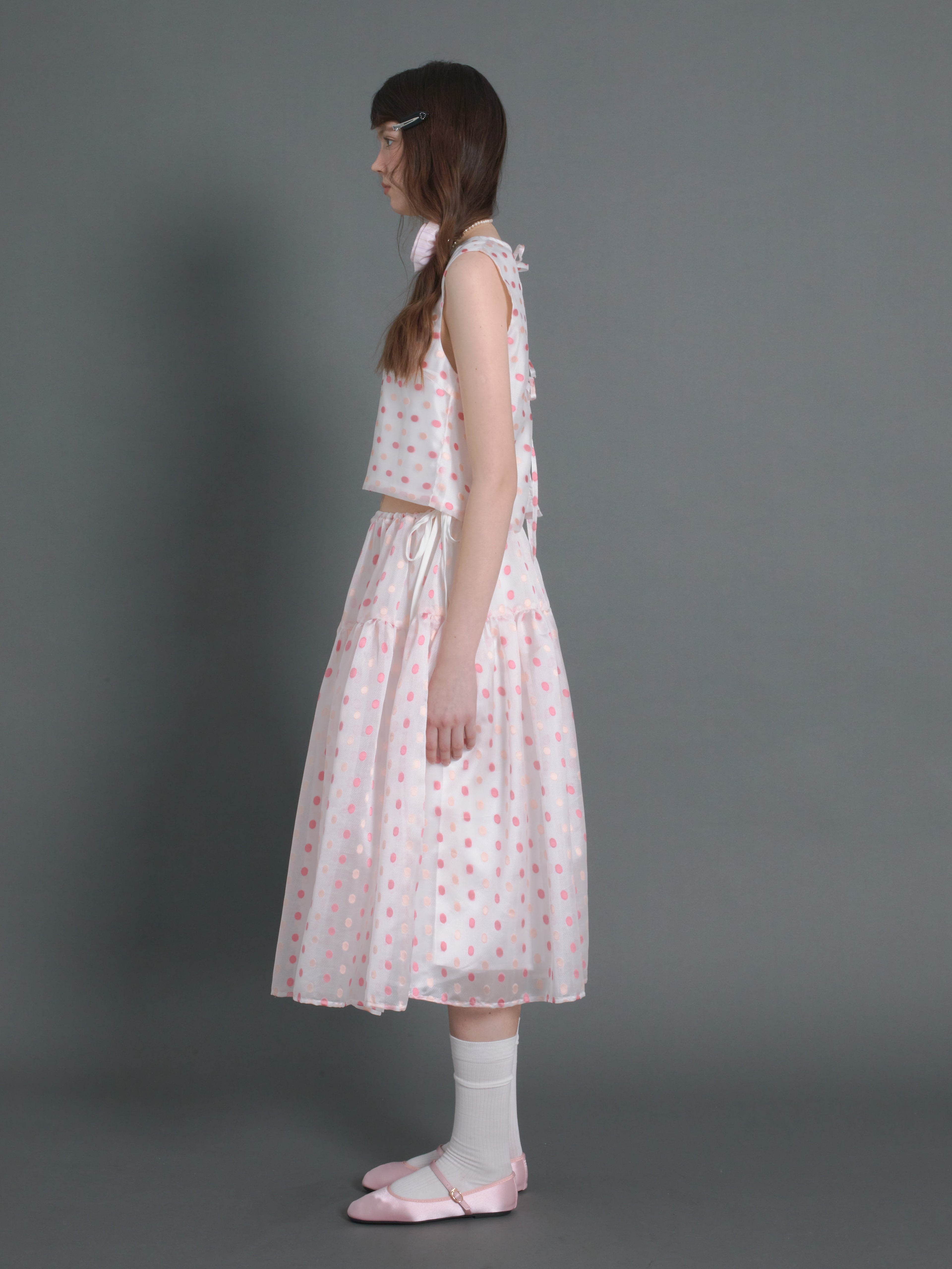 Polka Dot Sleeveless Back Ribbon Top & Gather Fluffy Skirt