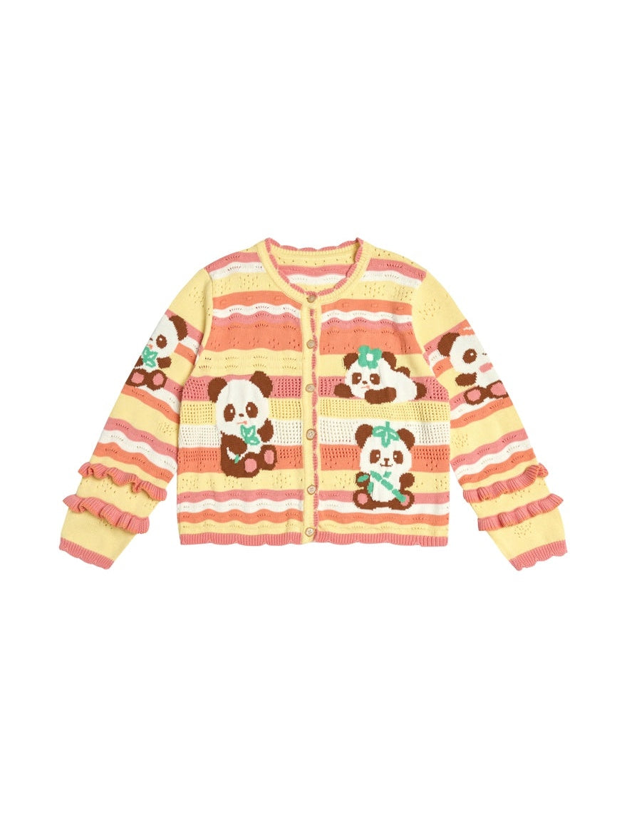 국경 팬더 중공 레이스 소매 니트 카디건