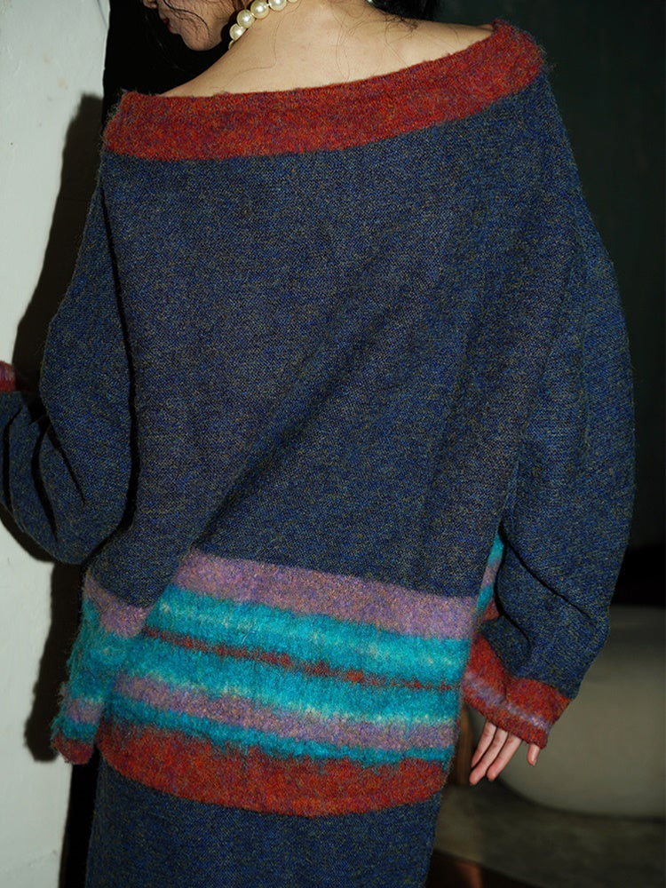 Contrast Color Border Design Loose Sweater & Knitted Skirt