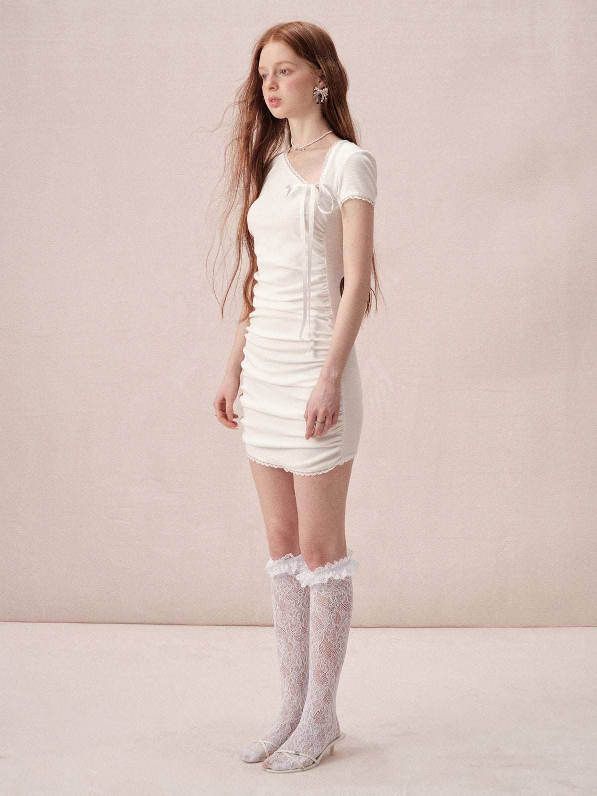 Lace Edge Side Shirring Gather One-piece