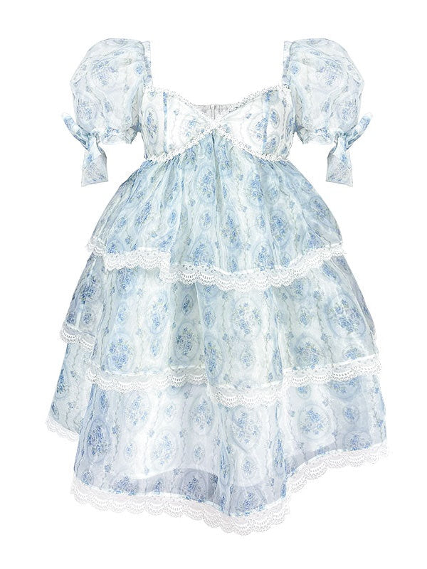 Organza Quadratkragen Puffhülsenkleid Kleid