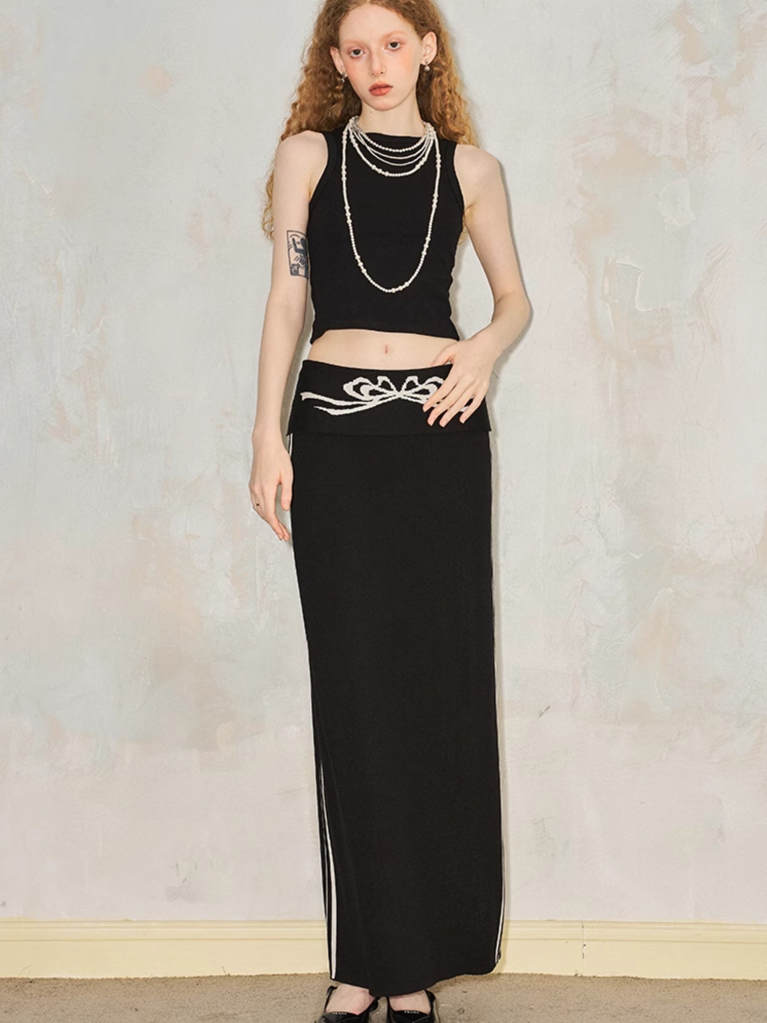 Waistband Bow Jacquard Knitted I-Line Skirt