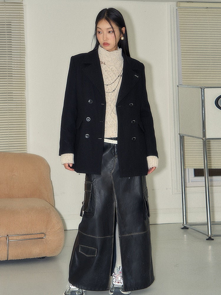 Double Button Wool Coat & Mini Skirt