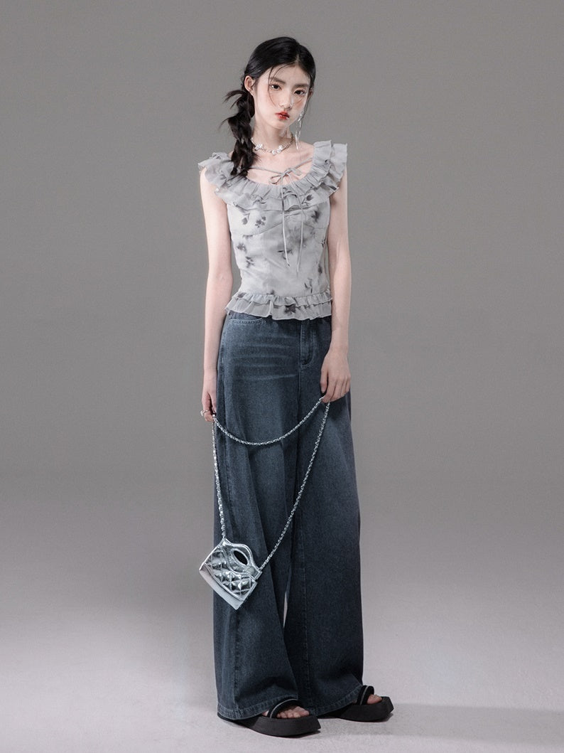Tulip Mist Ash Ruffled Sleeveless Top & Irregular Hem Skirt Set-up