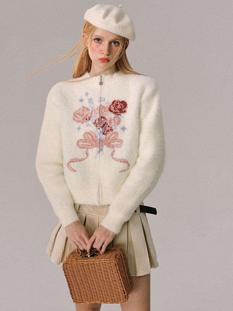 Jacquard Rose Bow Blipper Tripted Cardigan