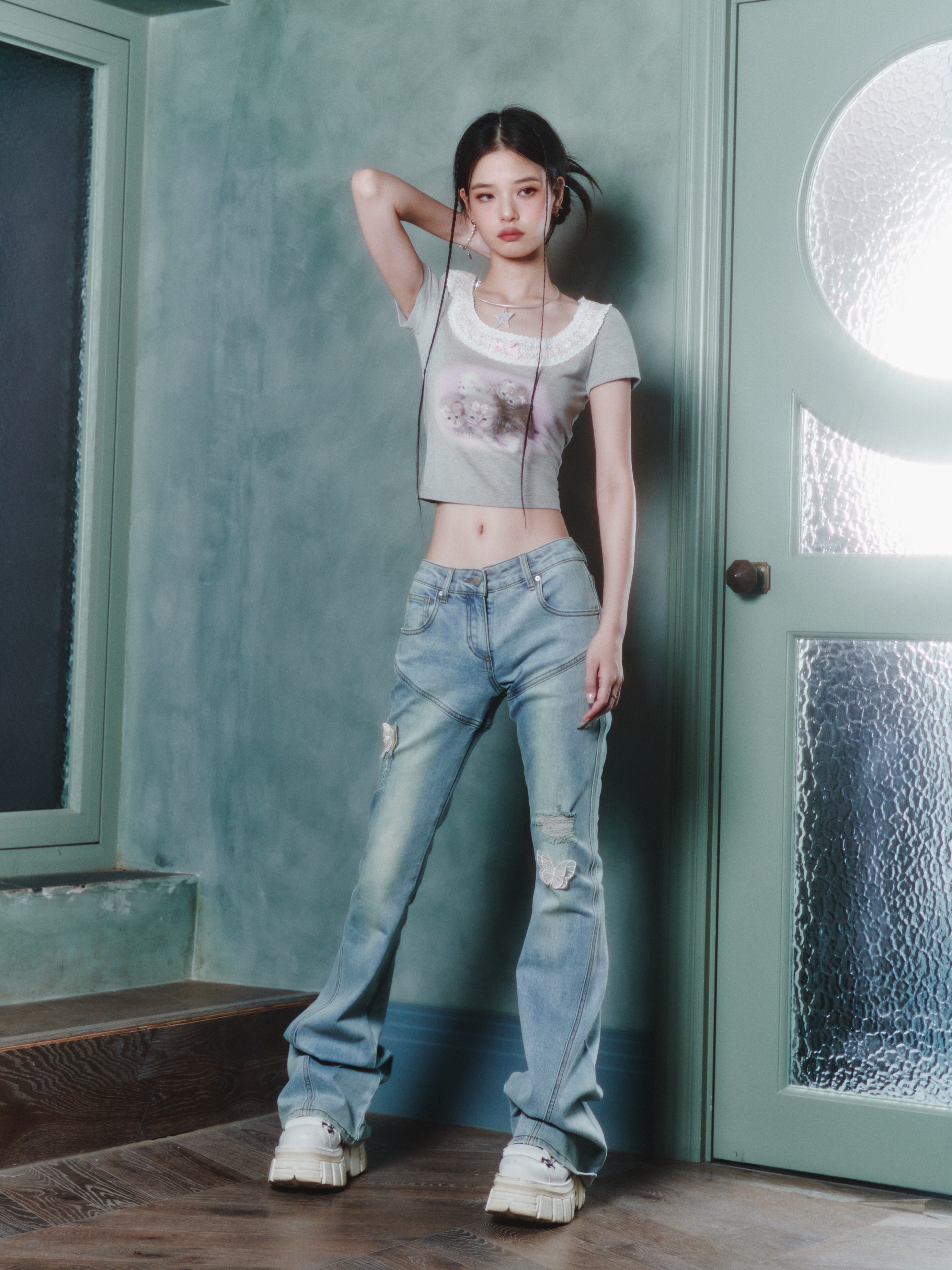 새끼 고양이 프린트 레이스 가장자리 짧은 티셔츠