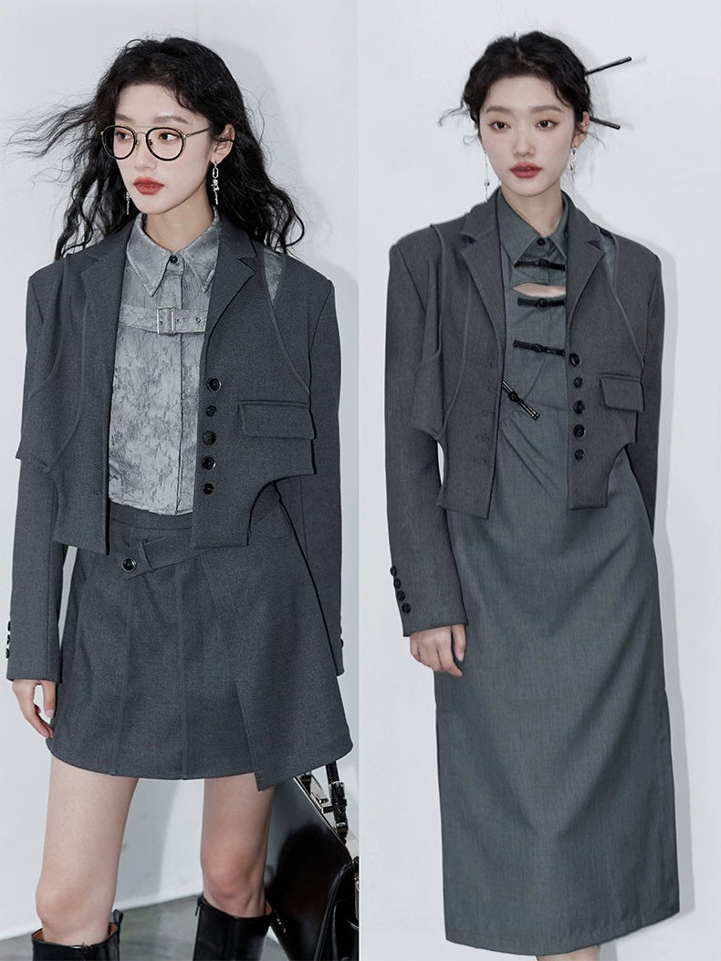 College Style Design Jacket & Pleated Skirt & Jacquard Shirt