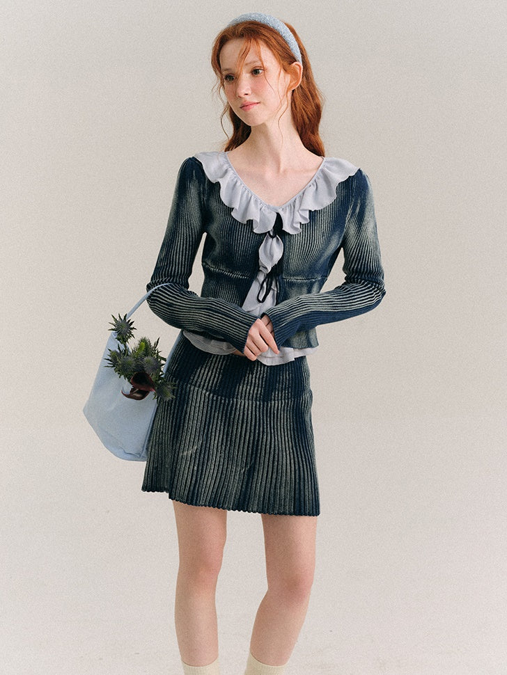 Washed Tie-dye Lace-up Knitted Cardigan & Skirt
