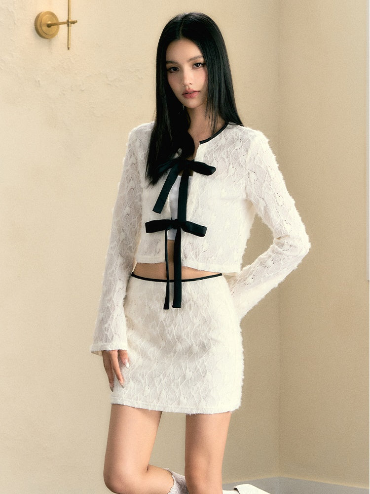 Feather Lace Bowknot Jacket & Skirt