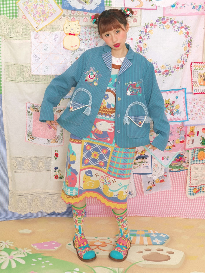 스트라이프 스티치 레트로 자수 재킷