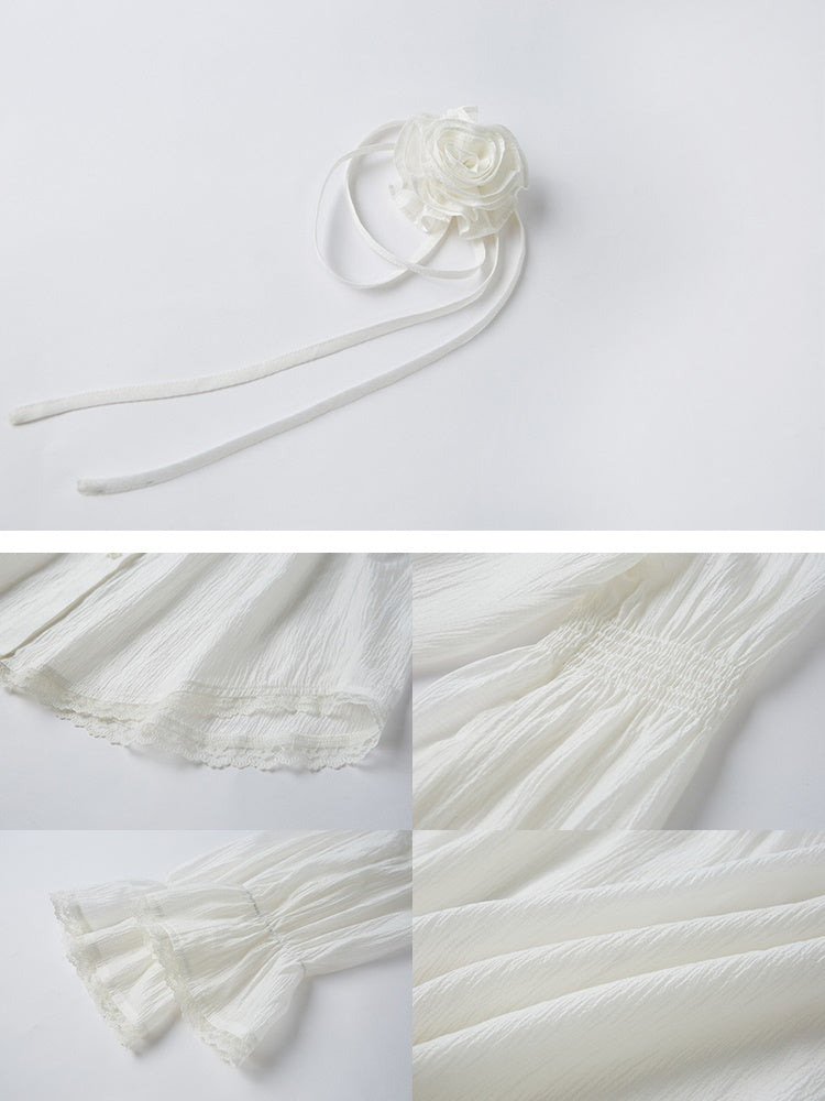 Gather V-Neck Lace Stitching Sheer Shirt