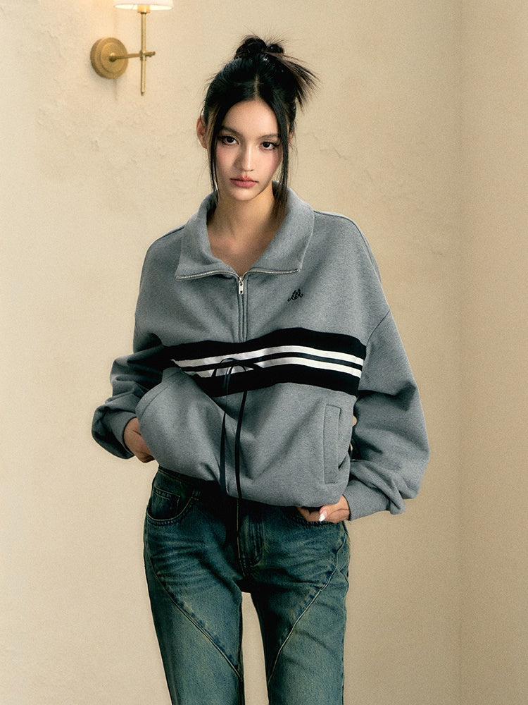 Contrast Line Stand Collar Half-Zip Pullover
