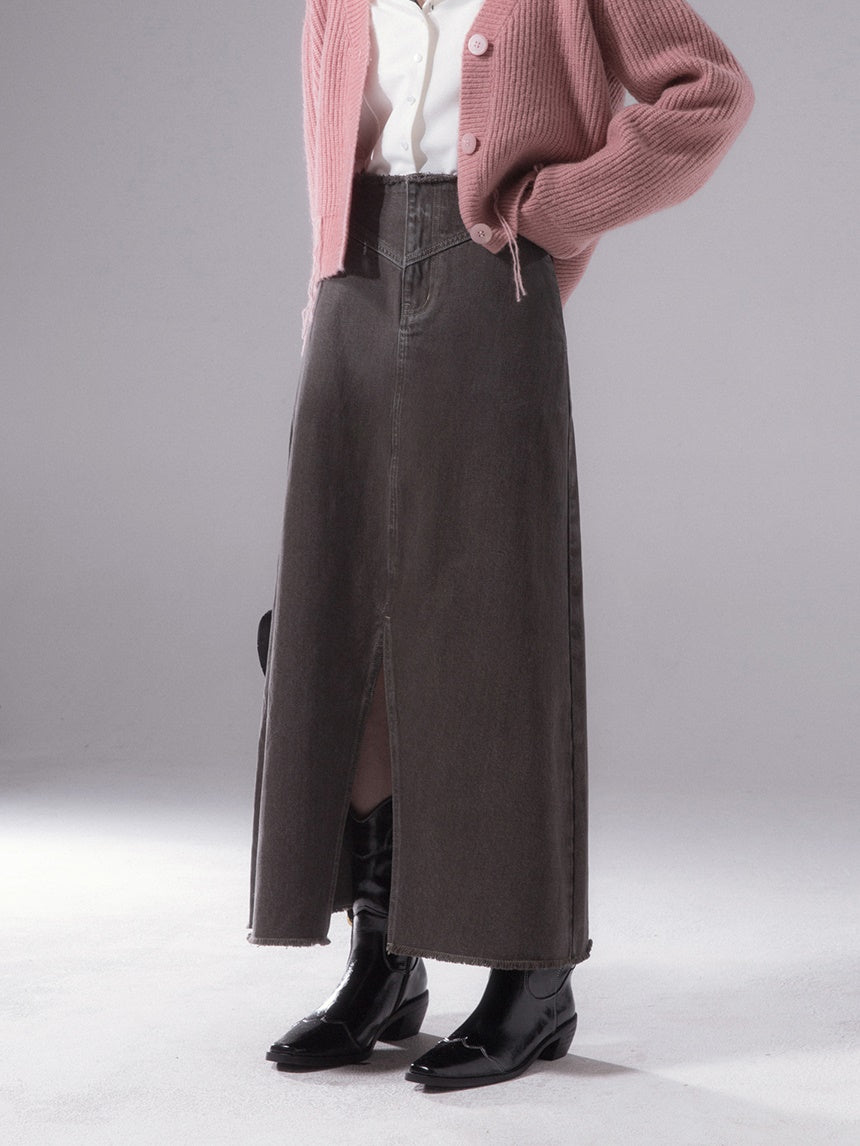Raw Edge Denim Long Skirt