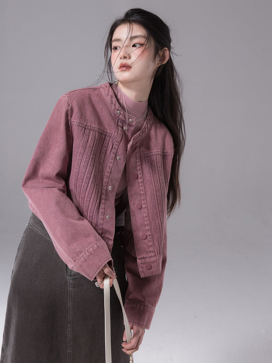 No-Collar Colored Denim Short Jacket