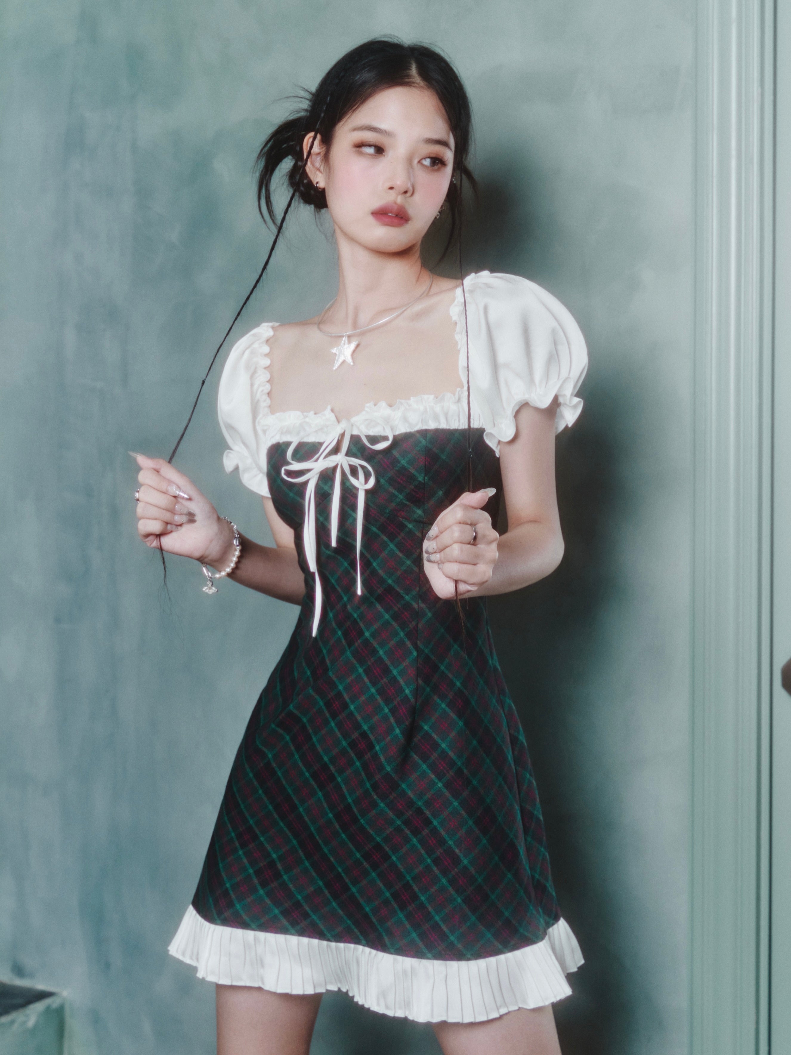 레이스 업 bownot 격자 무늬 사각형 목 드레스