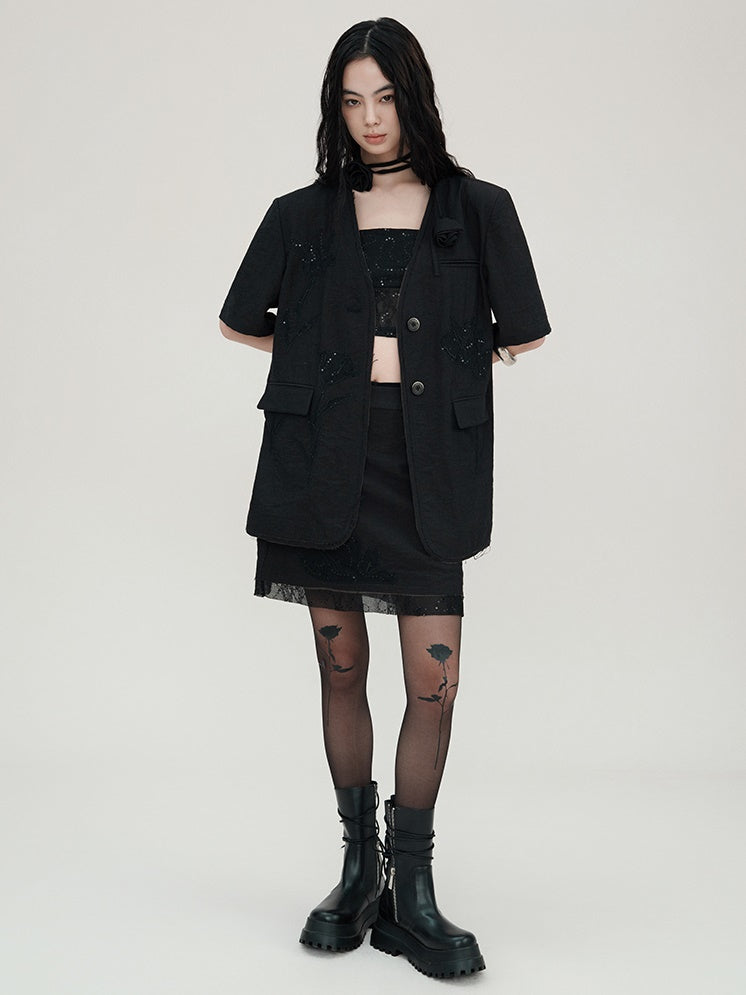 Carved Lace Embroidery Jacket & Camisole & Short Skirt