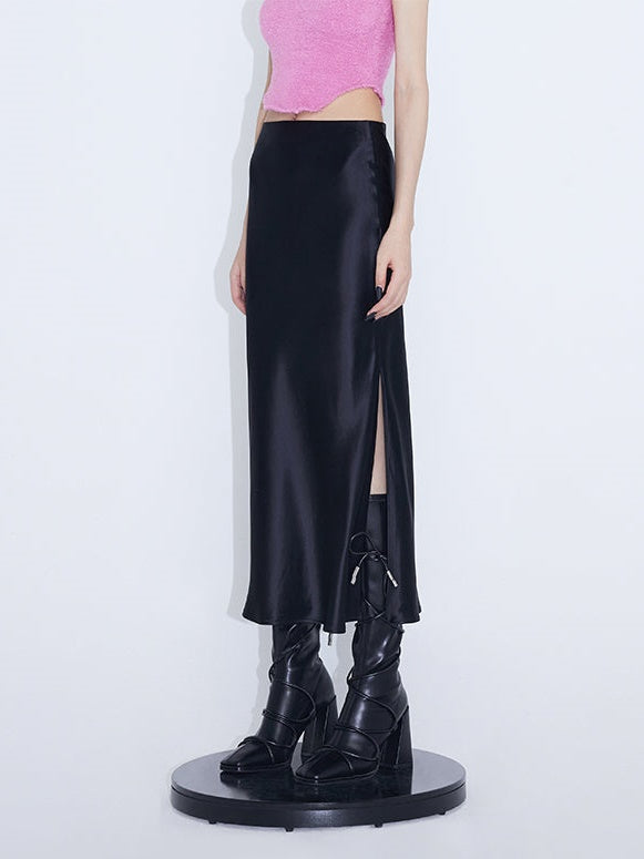 Glossy Drape Slit Skirt