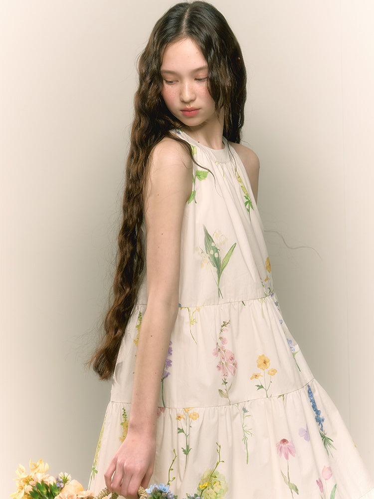 French Retro Girly Print Pleated A-line Halterneck Long Dress