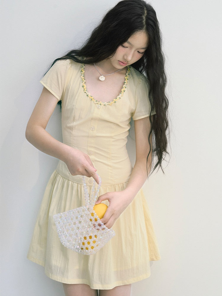 Flower Lace Stitch Wrinkled Short One-piece