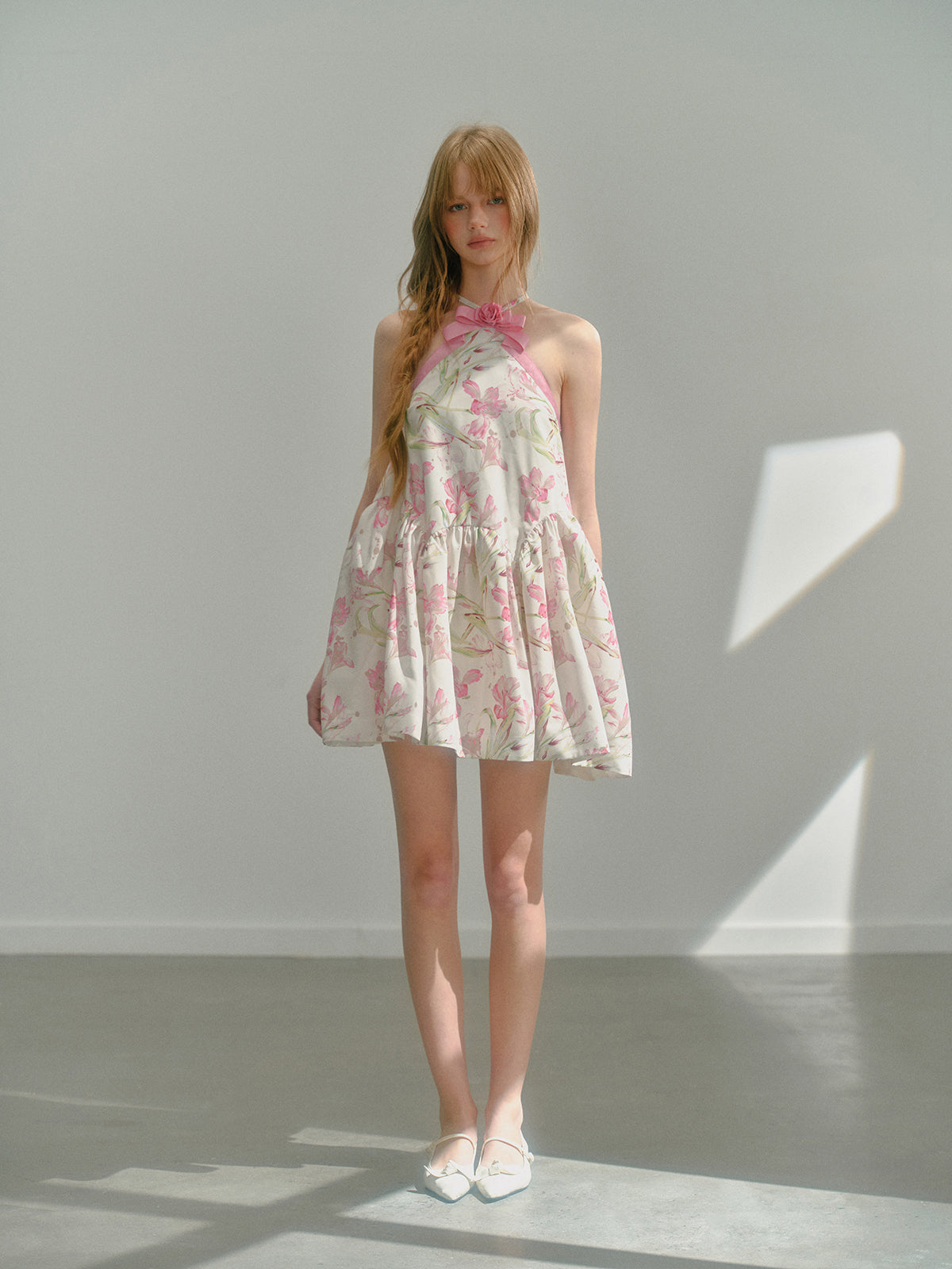 Halter Neck Floral Printed Sweet Bow Puffy Dress