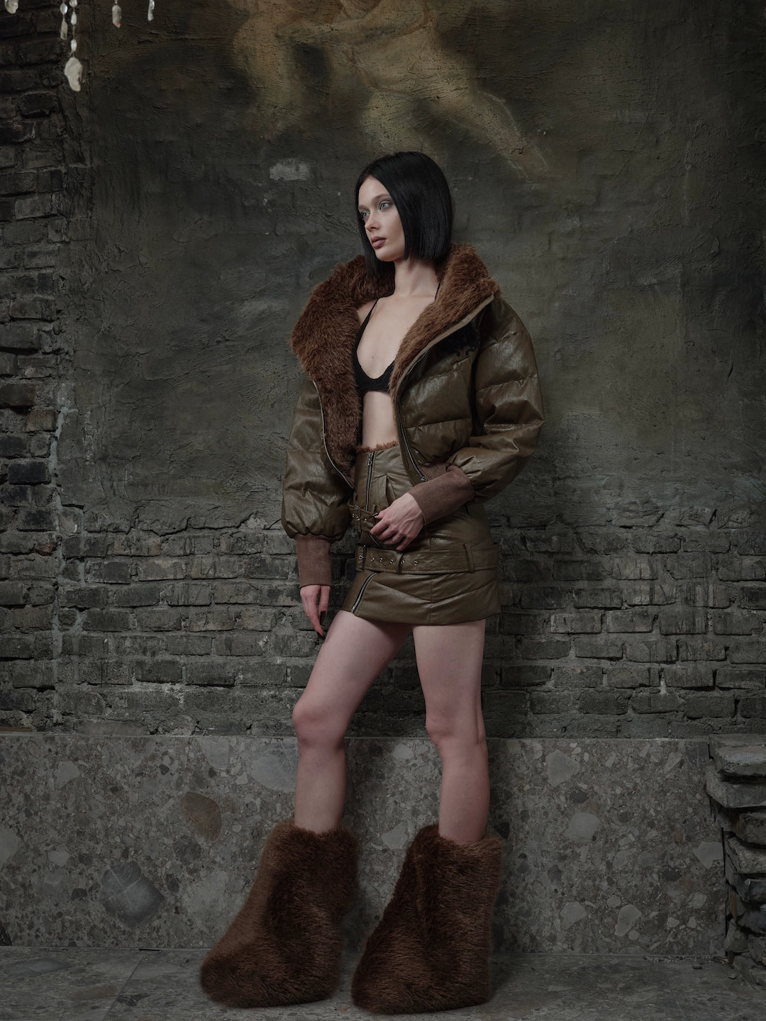 Fur Collar Short Down Jacket & Slant Zipper Skirt