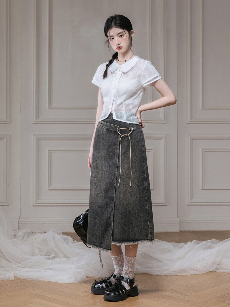 Distressed Washed Denim Lace-Up Top & Wrap Skirt Set-up