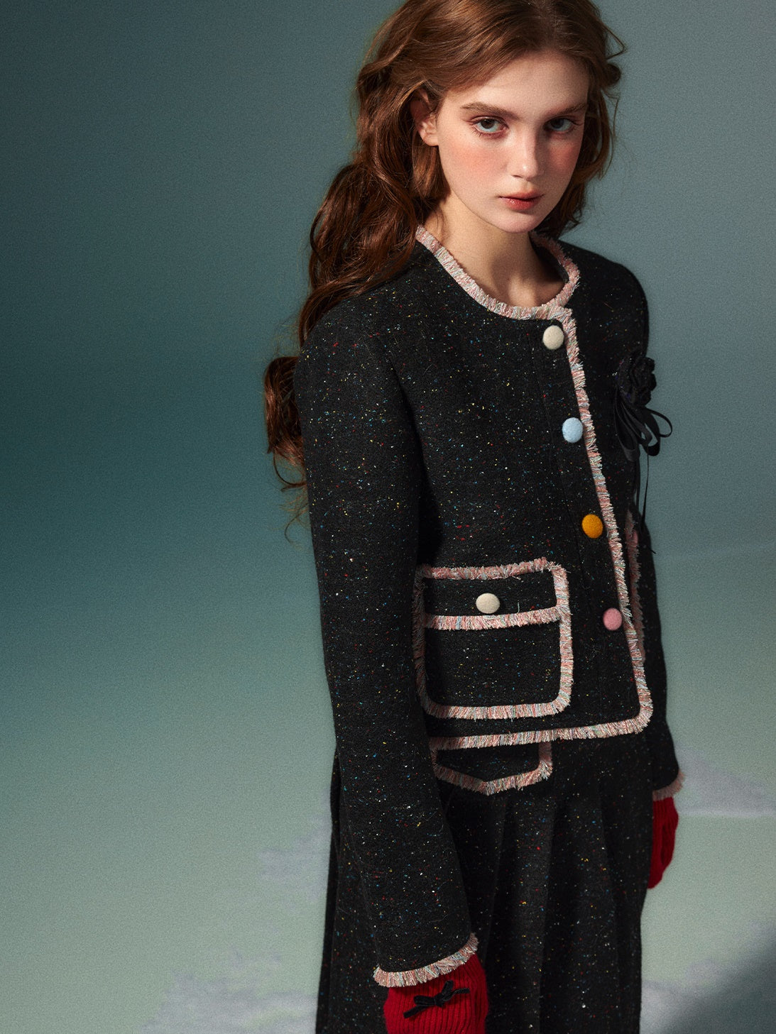 Colorful Dot No Collar Jacket & Pleated Skirt