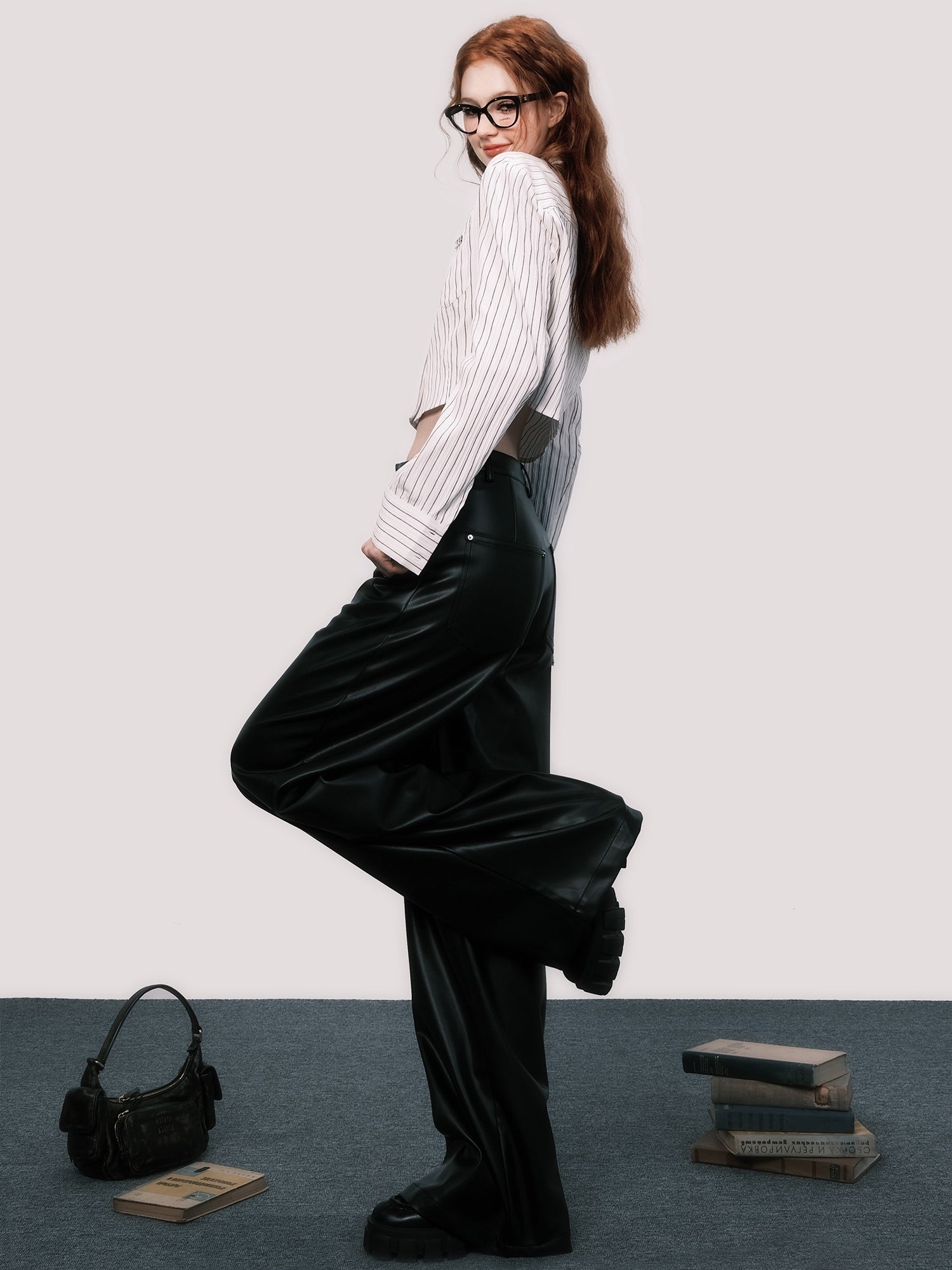 루즈 와이드 레그 레더 팬츠