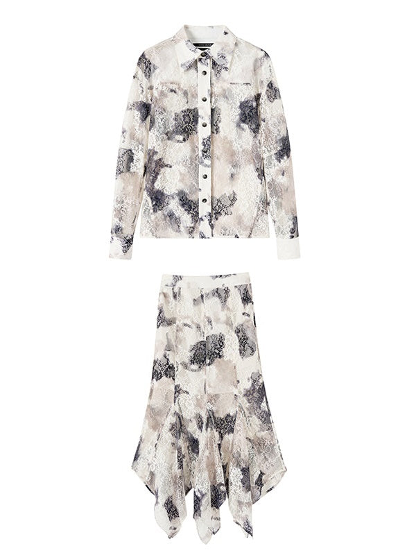 Tie-dye Printing Lace Shirt & Skirt