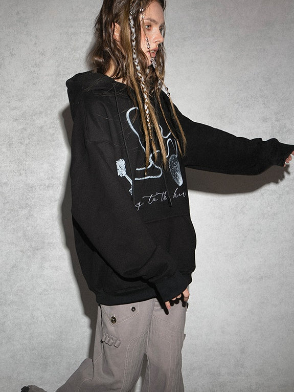 Printed Polar Fleece Lining Hooded Loose Sweat