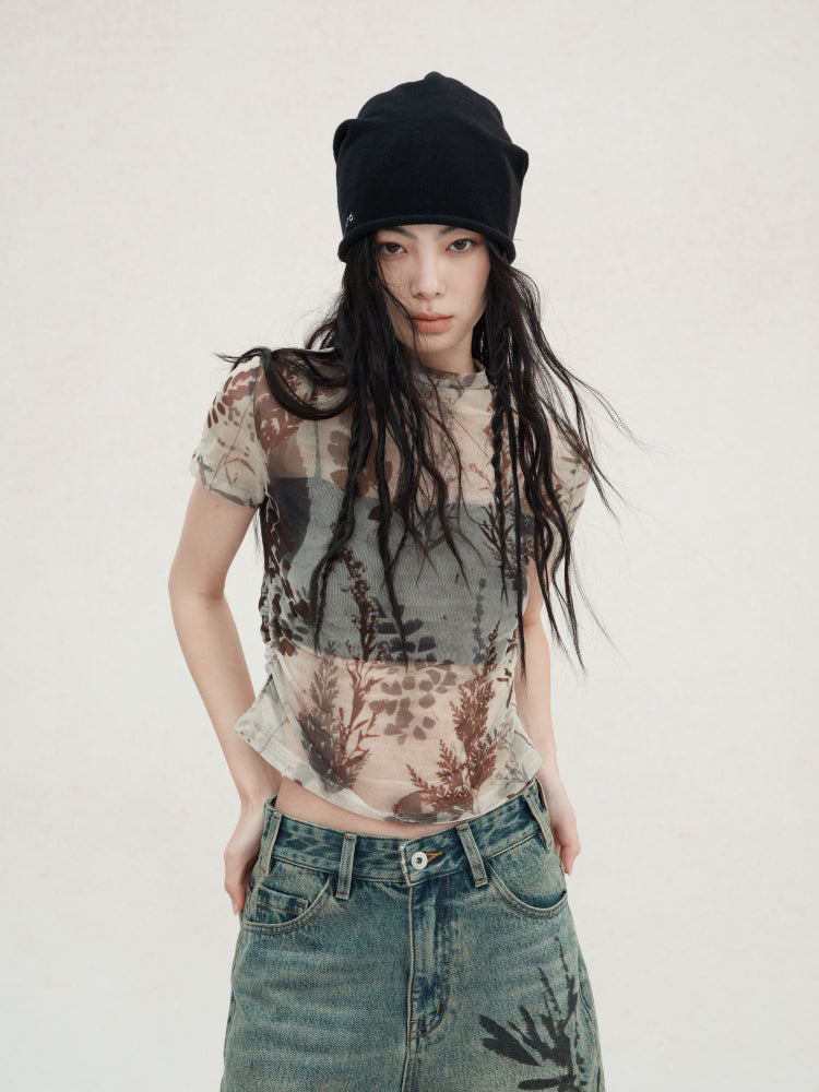 Plant Printing Micro-transparent Mesh T-shirt
