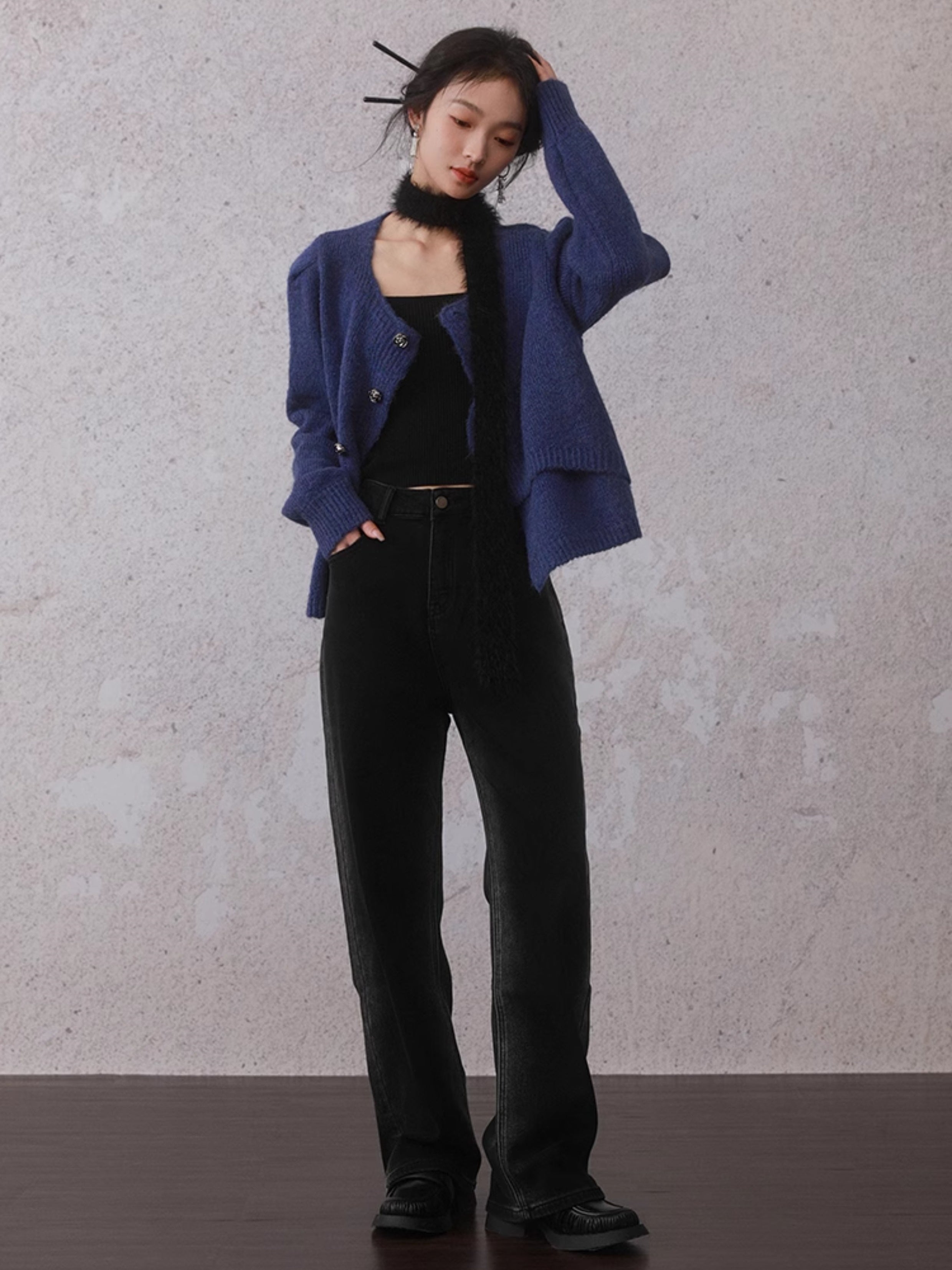 Irregular Button Round Neck Knitted Cardigan