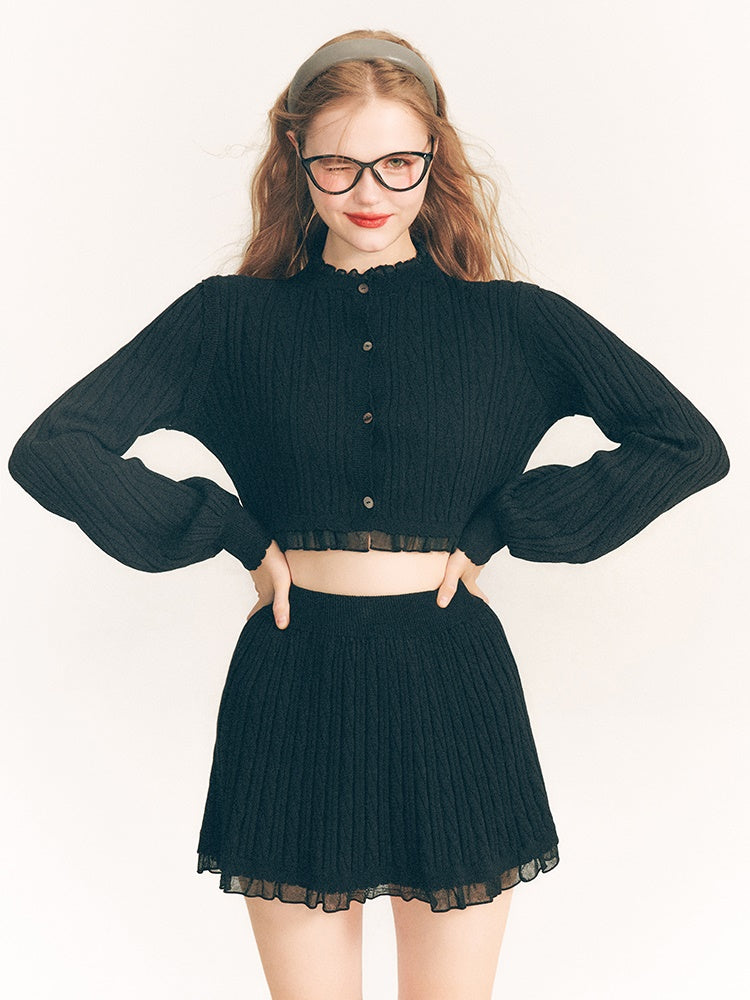 레이스 트리밍 케이블 니트 가디건 & 스커트