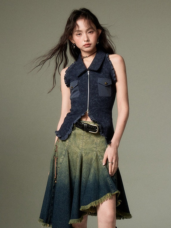 Polo Collar Knitted Sleeveless Top & Shawl Cardigan Set-up