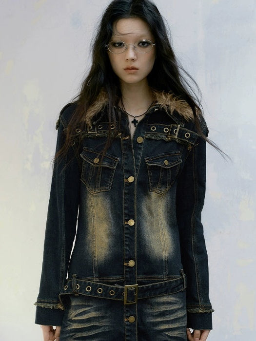 Fur Collar Washed And Distressed Slim Denim Dress