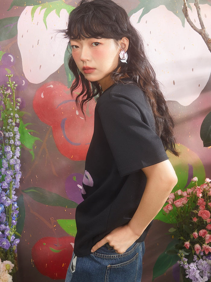 Cherry Print Loose Round Neck T-shirt