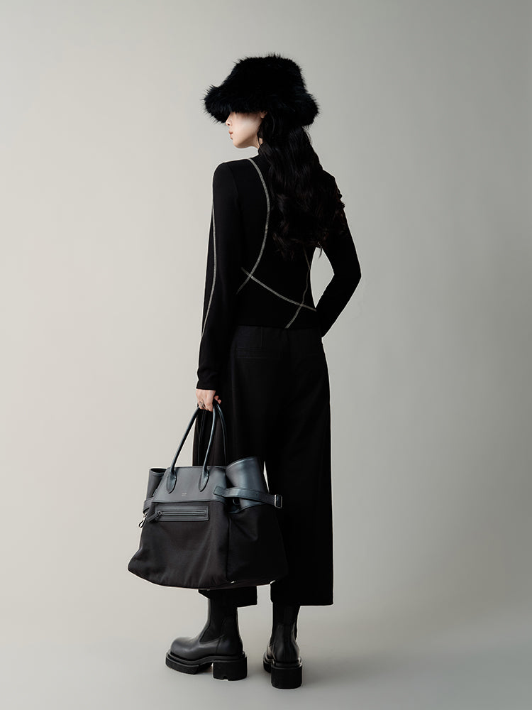 High Neck Asymmetric Contrast Color Line Cutsew