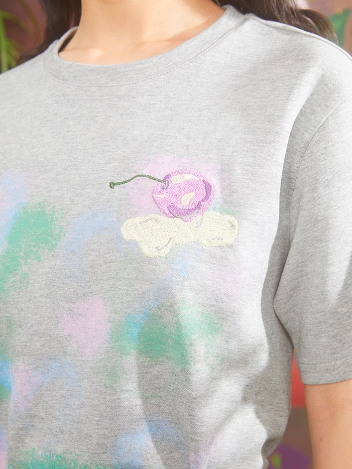 Cherry Embroidery Short Sleeve T-shirt & Sweat Straight Loose Skirt