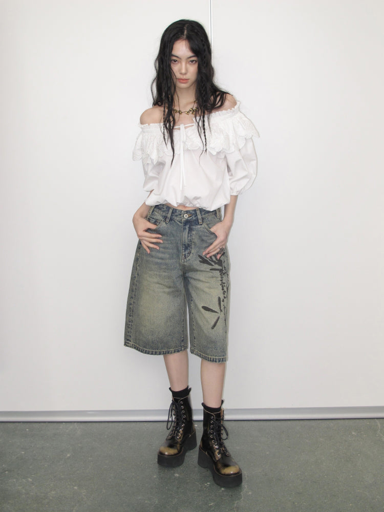 Carved Flower Lace Off-Shoulder Top & Embroidered Skirt